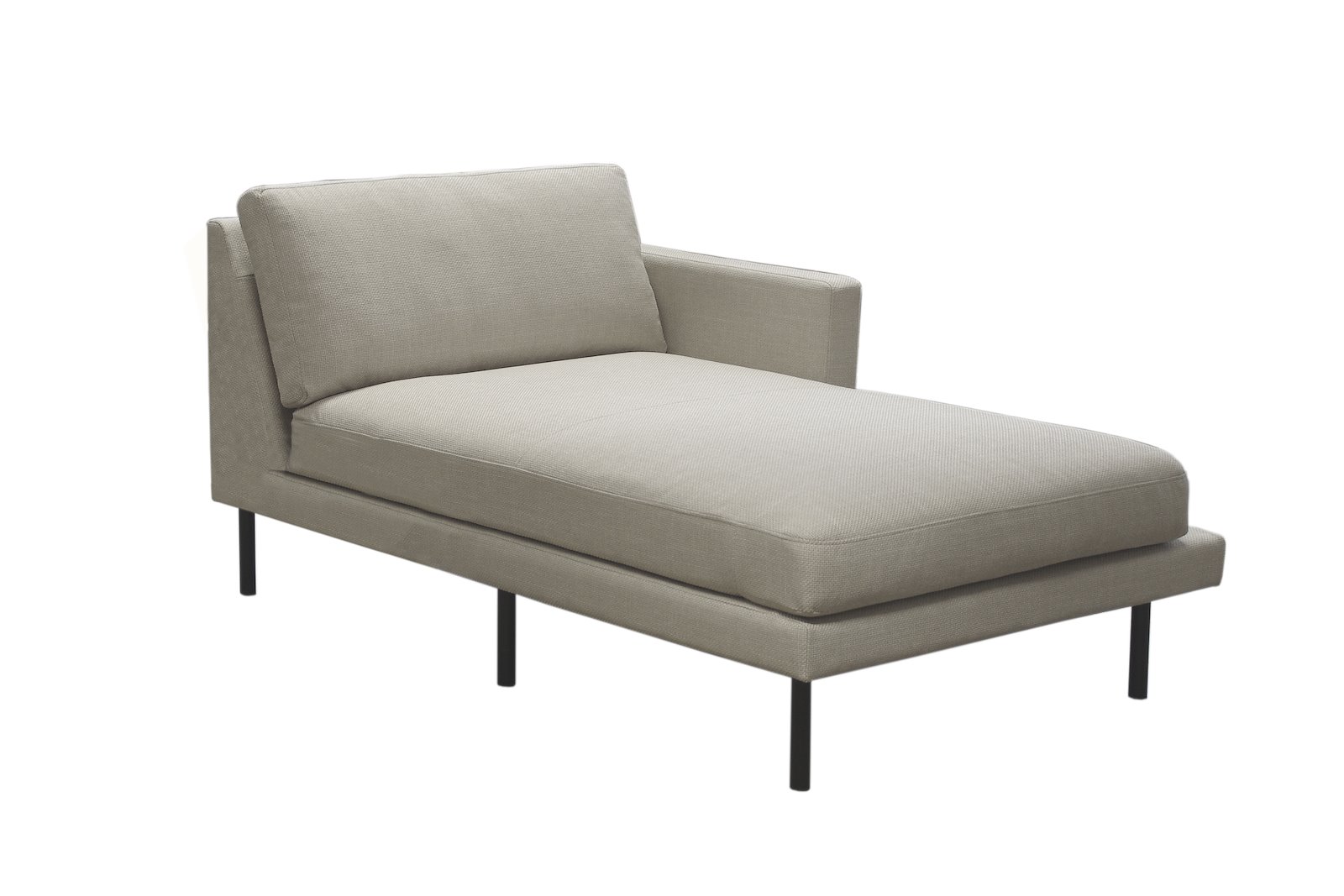 Newport sjeselong arm høyre Tekstil Mia beige med sorte stålben. Tekstiltrukket side venstre