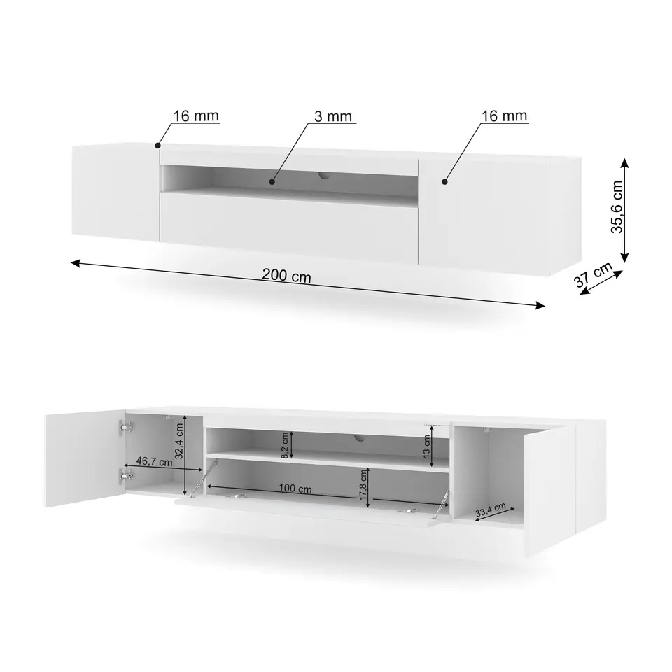 AURA TV-meubel 200 cm universeel mat wit