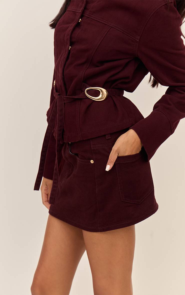 Rouge Bordeaux Veste En Jean Courte Ceinturée À Patte De Boutonnage Dissimulée