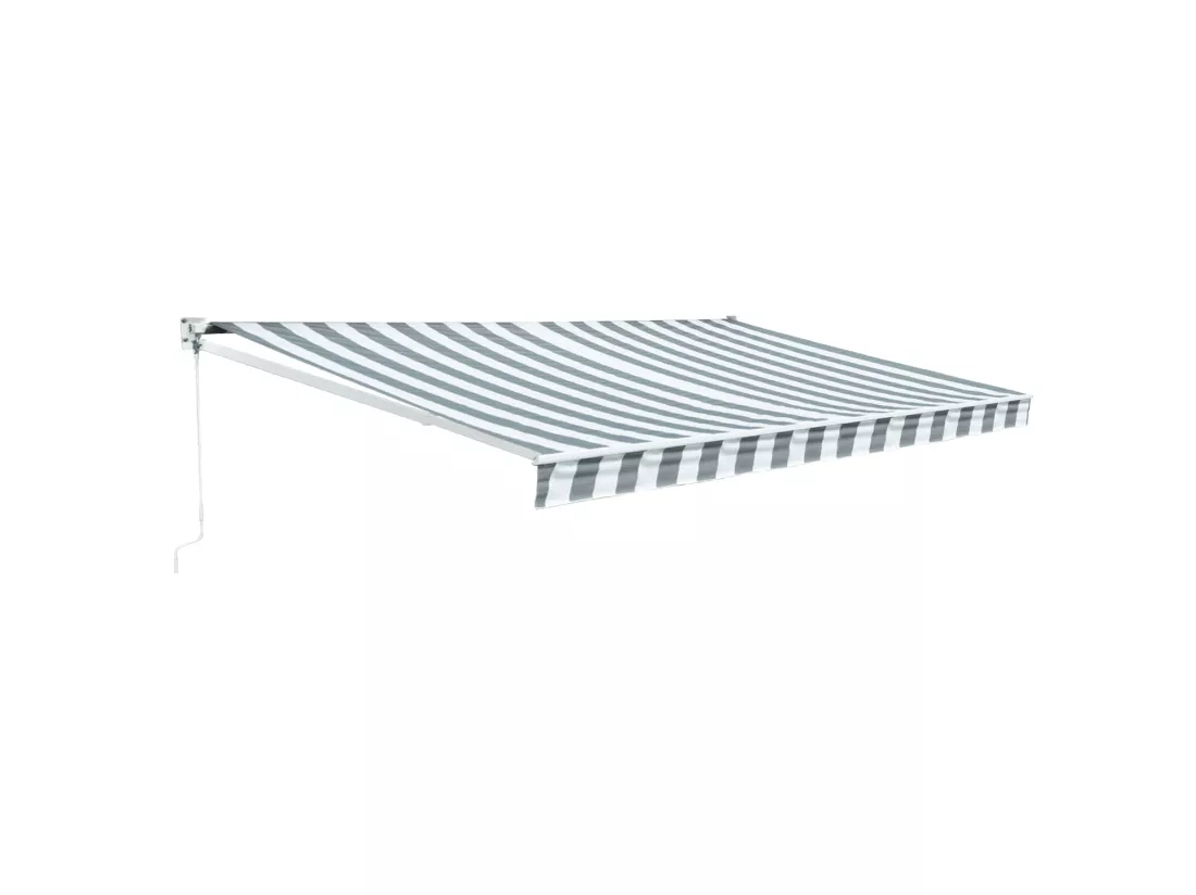 Store banne SAULE 3,95 × 3m - Toile rayée blanche/grise et structure blanche - HAPPY GARDEN