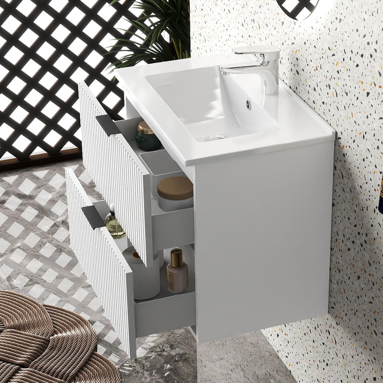 Aica Sanitär Waschtisch mit Unterschrank 60cm Riva Badmöbel Set Weiß Keramik Waschbecken mit Unterschrank MDF Softclose