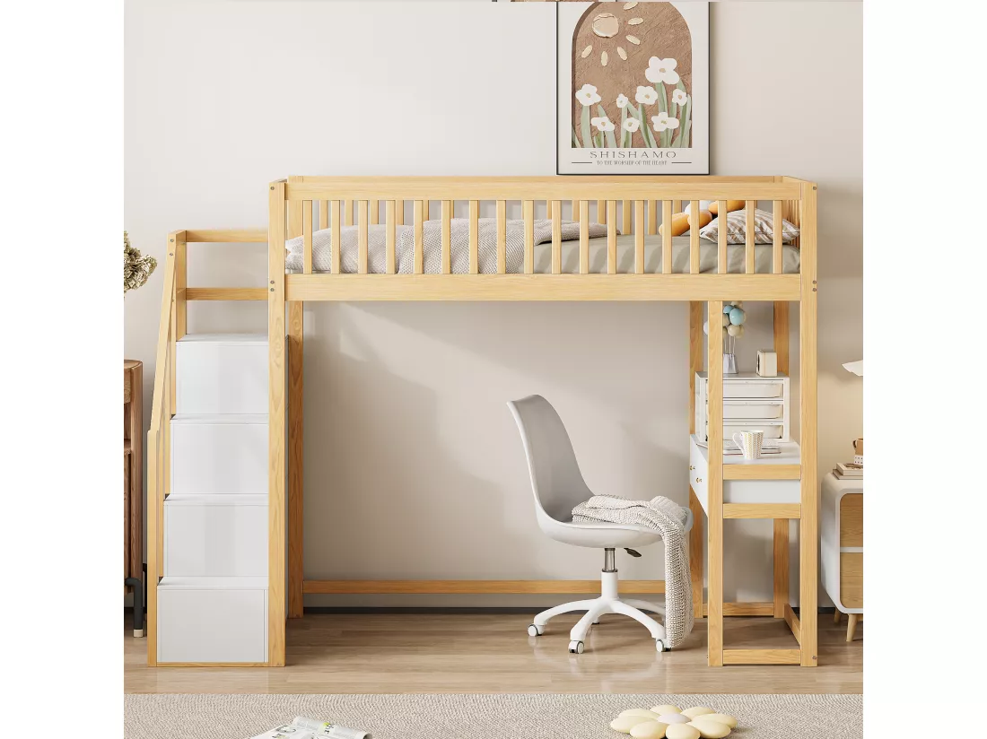 Lit mezzanine 90 x 200 cm avec avec bureau & 6 tiroirs - bois MDF - blanc + naturel (sans matelas)