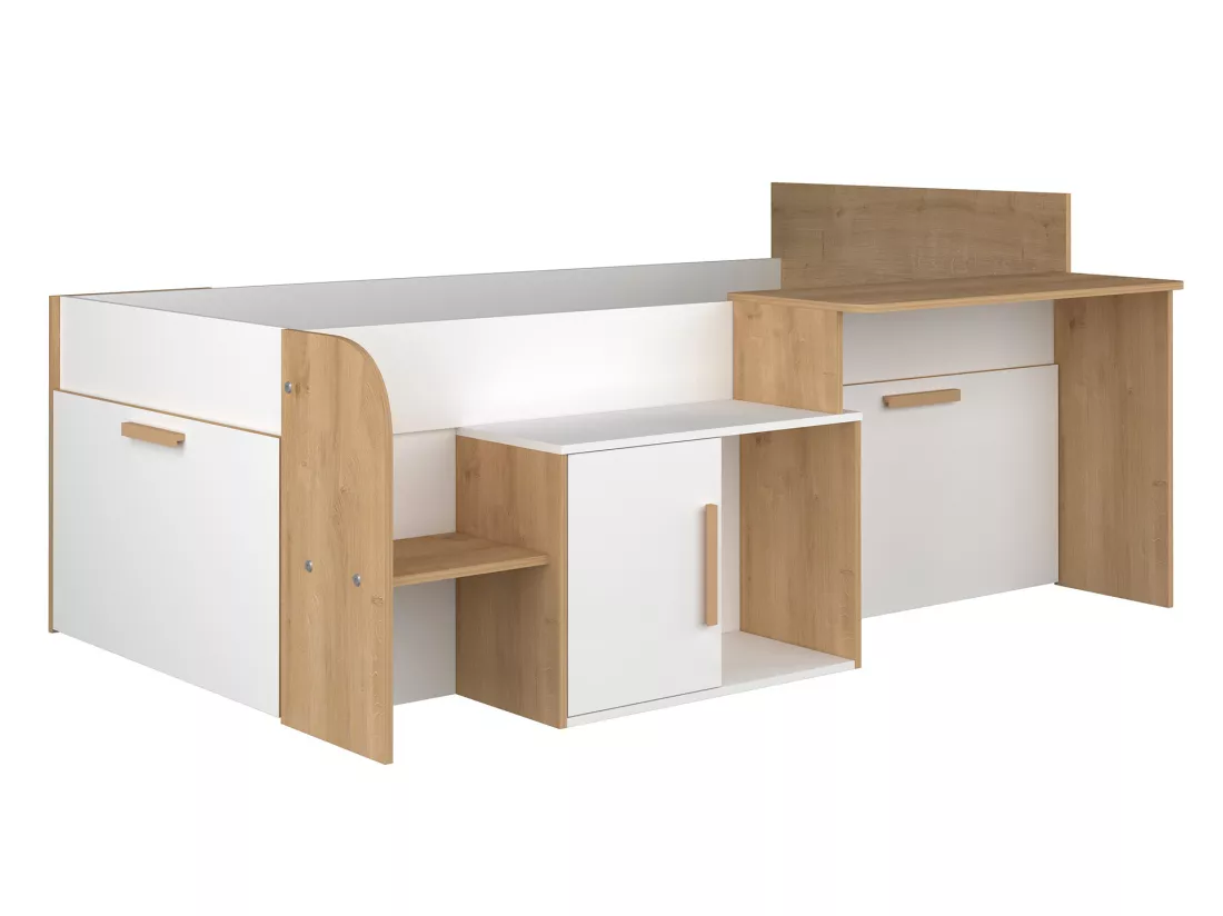 Lit combiné 90 x 200 cm avec bureau et rangements - Coloris : Blanc et naturel + Sommier - PEDRO