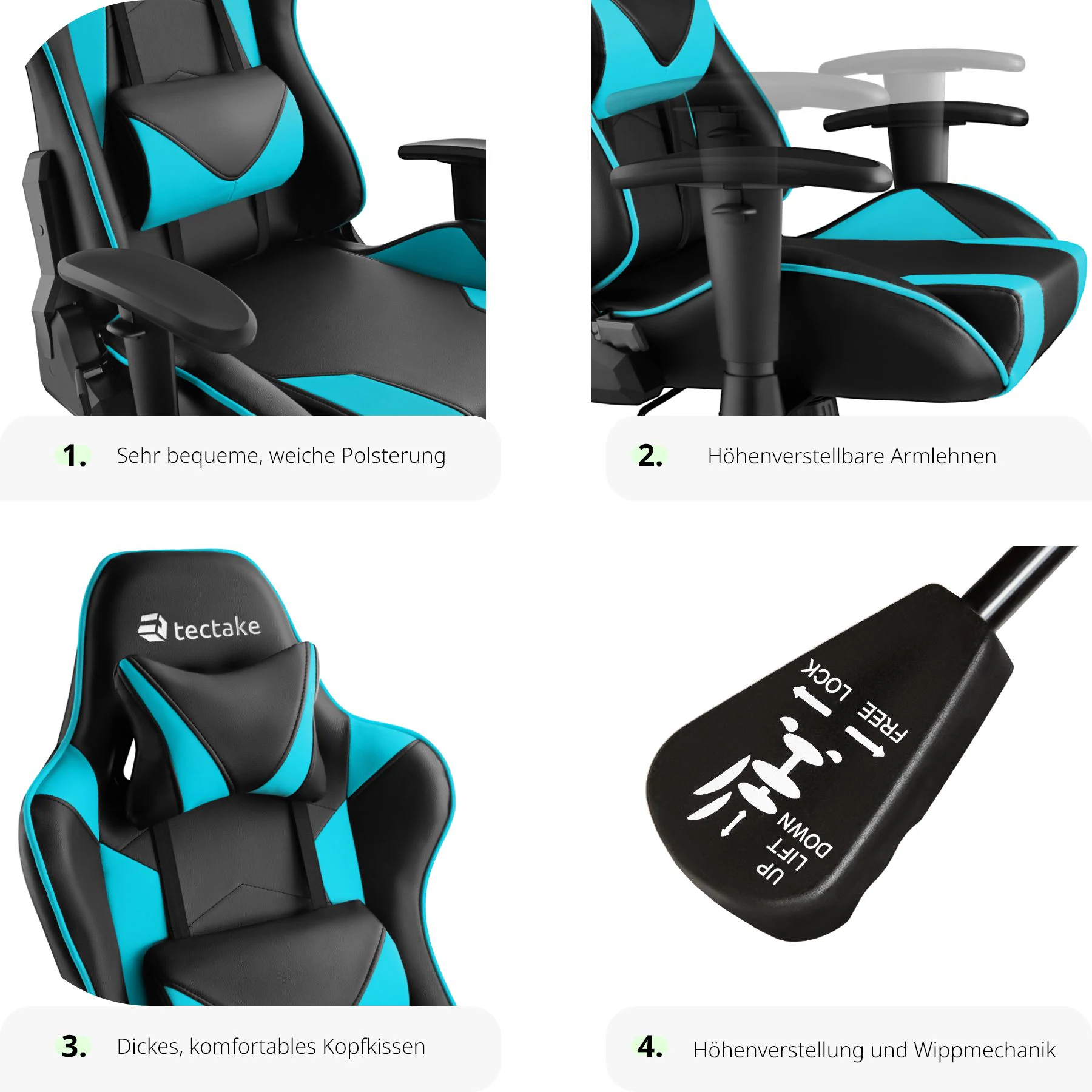 tectake® Racing Gaming Stuhl, ergonomische Form, mit verstellbarer Rückenlehne, Kunstlederbezug, abnehmbares Nacken- und Lendenkissen, Belastbarkeit 120 kg