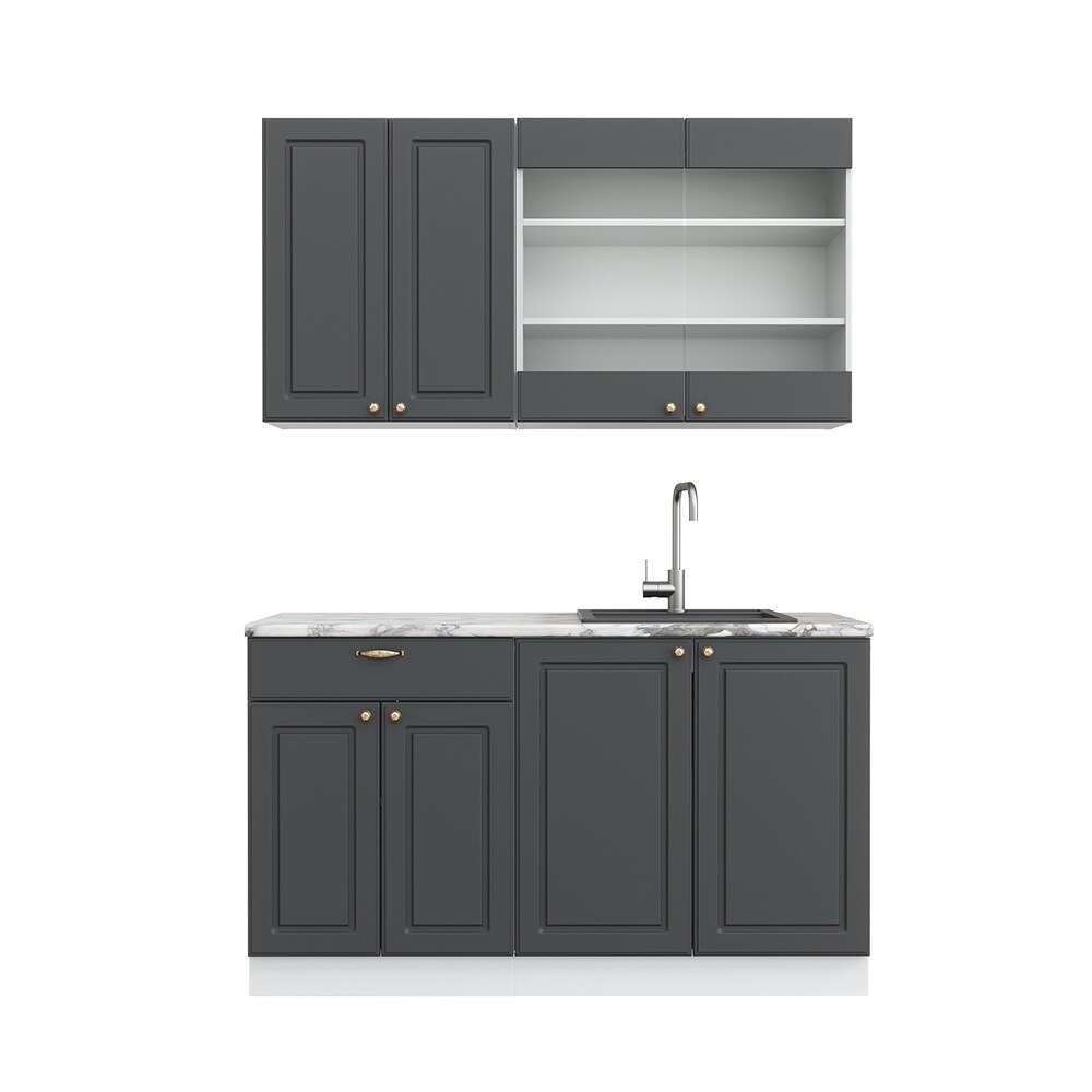 Vicco Küchenzeile Küchenblock Einbauküche Fame-Line Single Landhaus Weiß Anthrazit Gold 140 cm modern Küchen Schränke Spülenunterschrank Schubunterschrank Hängeschrank Hängeglasschrank