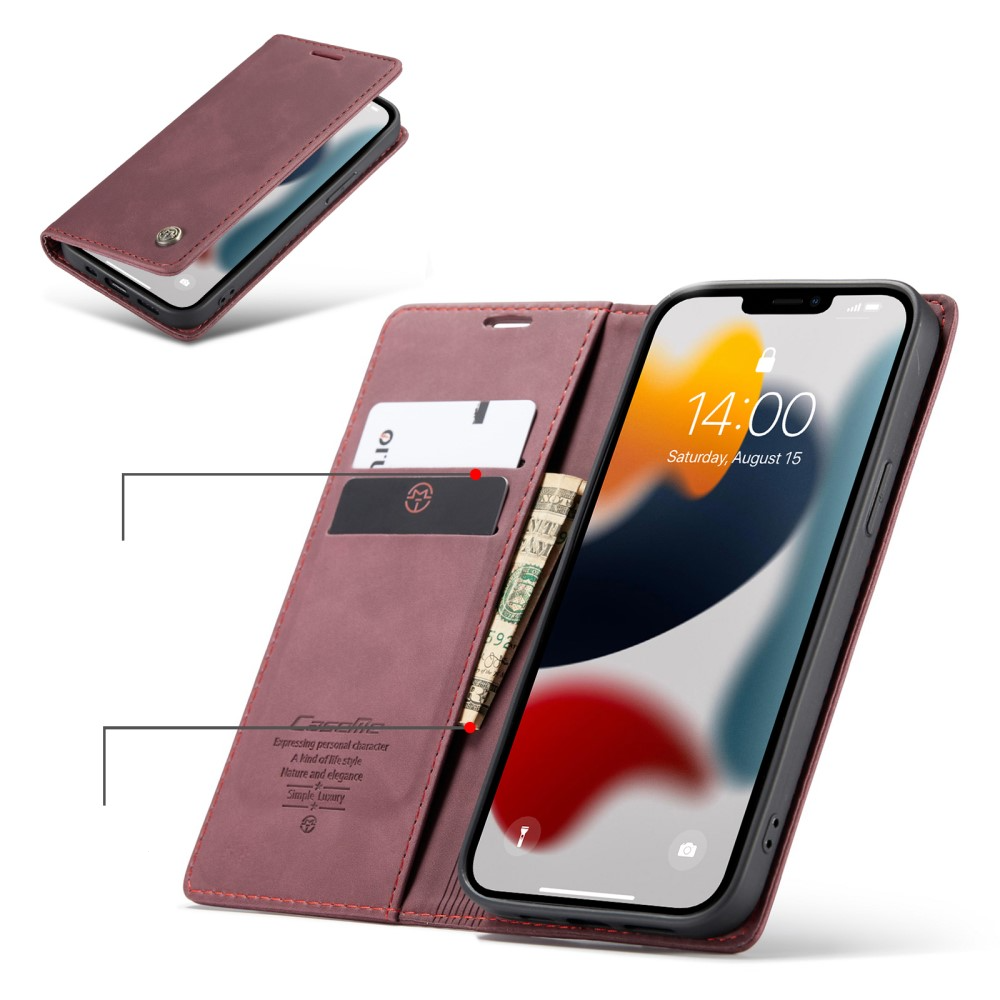iPhone 13 Pro Leder Tasche Flip Wallet Etui mit Kartenfächern - Dunkelrot