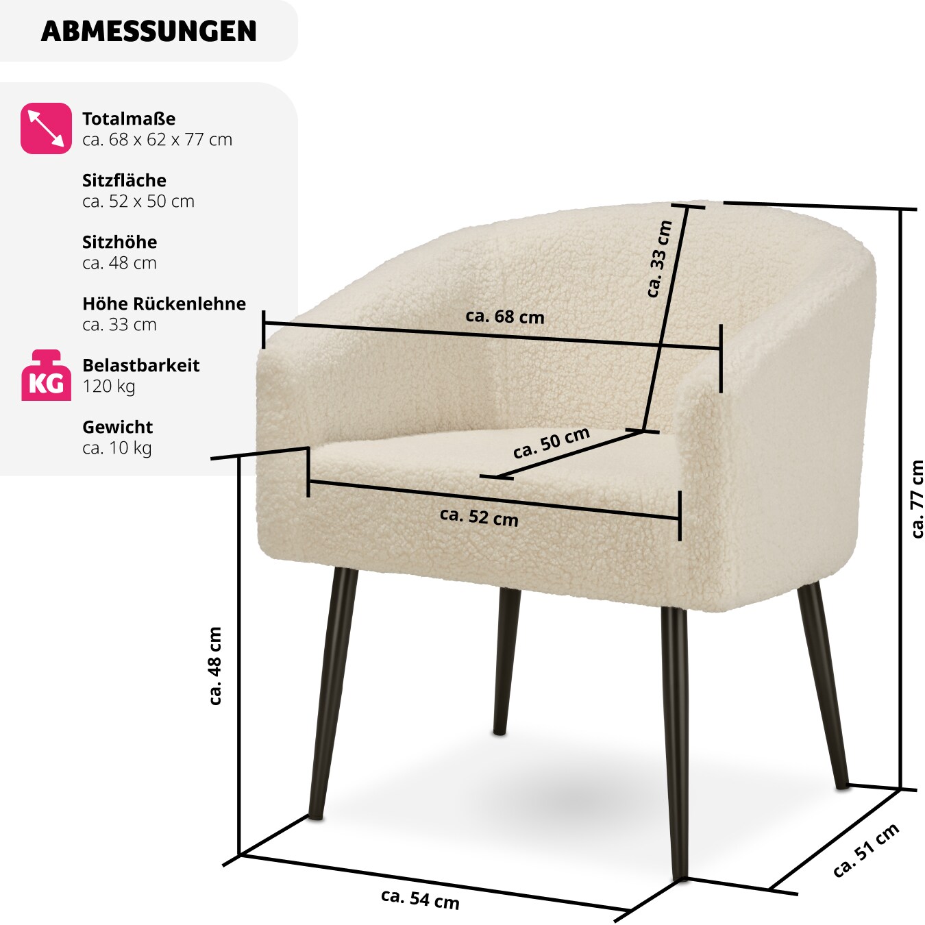 tectake® Sessel, gepolstert, mit Bouclé-Bezug, runde Stahlbeine, 120 kg Belastbarkeit, 68 x 62 x 77 cm