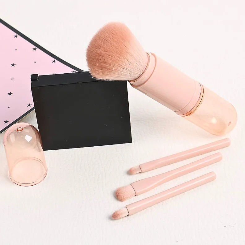 4in1 Make Up Pinsel Set Reise Kosmetik Schminkpinsel mit Deckel - Rosa