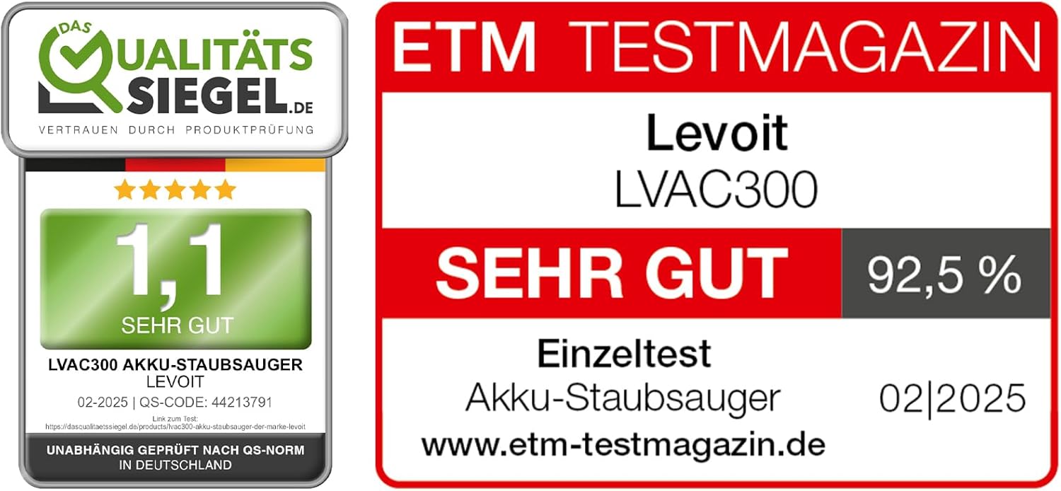 Levoit - Akku Staubsauger - Laufzeit für 150㎡ - Staubsauger Kabellos - 99,9 Prozent Staubfangrate - Mini-Motorbürste - Selbststehend - Anti Tangle - Für Tierhaare/Teppiche/Hartböden/Auto - LVAC-300