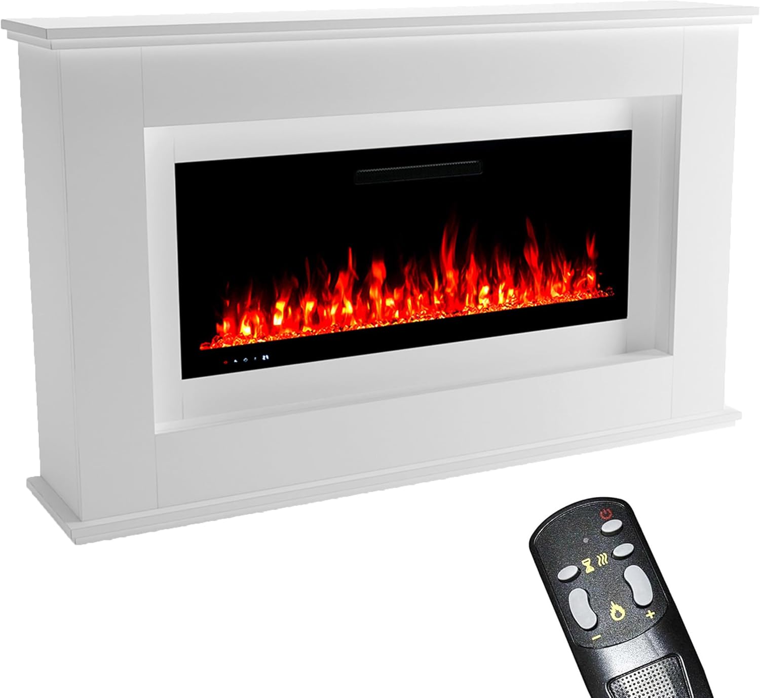 GLOW FIRE Elektrokamin mit Heizung und Kaminfeuer (Standkamin Rhea) - elektrischer Kamin mit LED-Feuer in 5 Farben, Heizlüfter, Deko & Fernbedienung - 158x97x33 cm, Weiß
