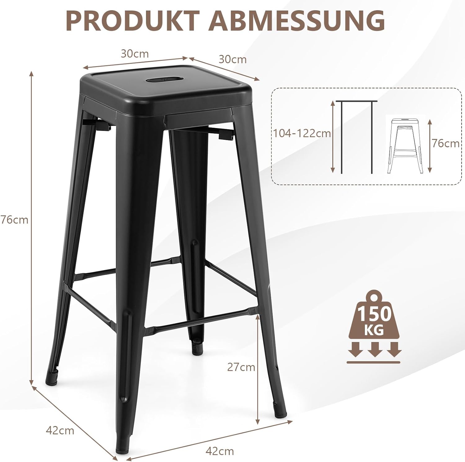 COSTWAY Barhocker 4er Set, Küchenhocker stapelbar, Tresenhocker mit Fußstütze, Bistrohocker bis 150kg belastbar, Sitzhocker, Hocker für Zuhause, Bistro und Esszimmer (Schwarz, Sitzhöhe 76cm)