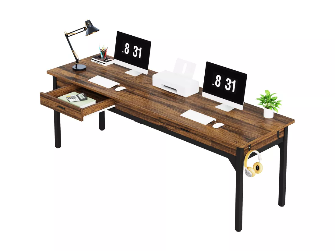 Bureau Informatique, Table d’étude, Double Bureau Long avec 2 Schubladen, 200 x 60 x 82 cm, Marron Rustique