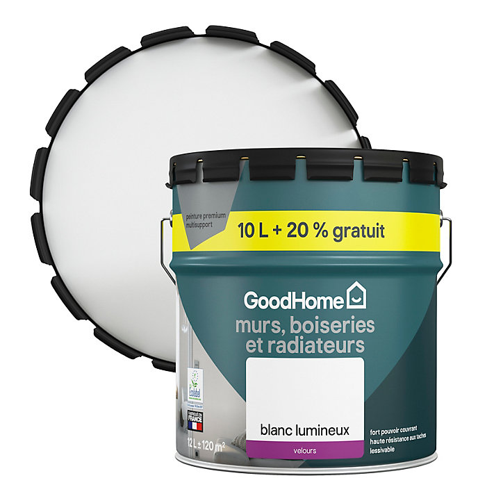 Peinture murs, boiseries et métal GoodHome haute résistance blanc velours 10L + 20% gratuit