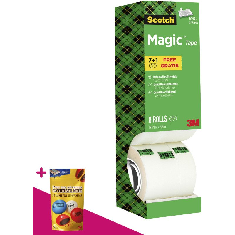 Pack de 7 rubans adhésif Scotch Magic invisible - Largeur 19 mm x longueur 33 m + 1 OFFERT = Pour l'achat d'un pack de 7 rubans, 1 sachet de M&M OFFERT