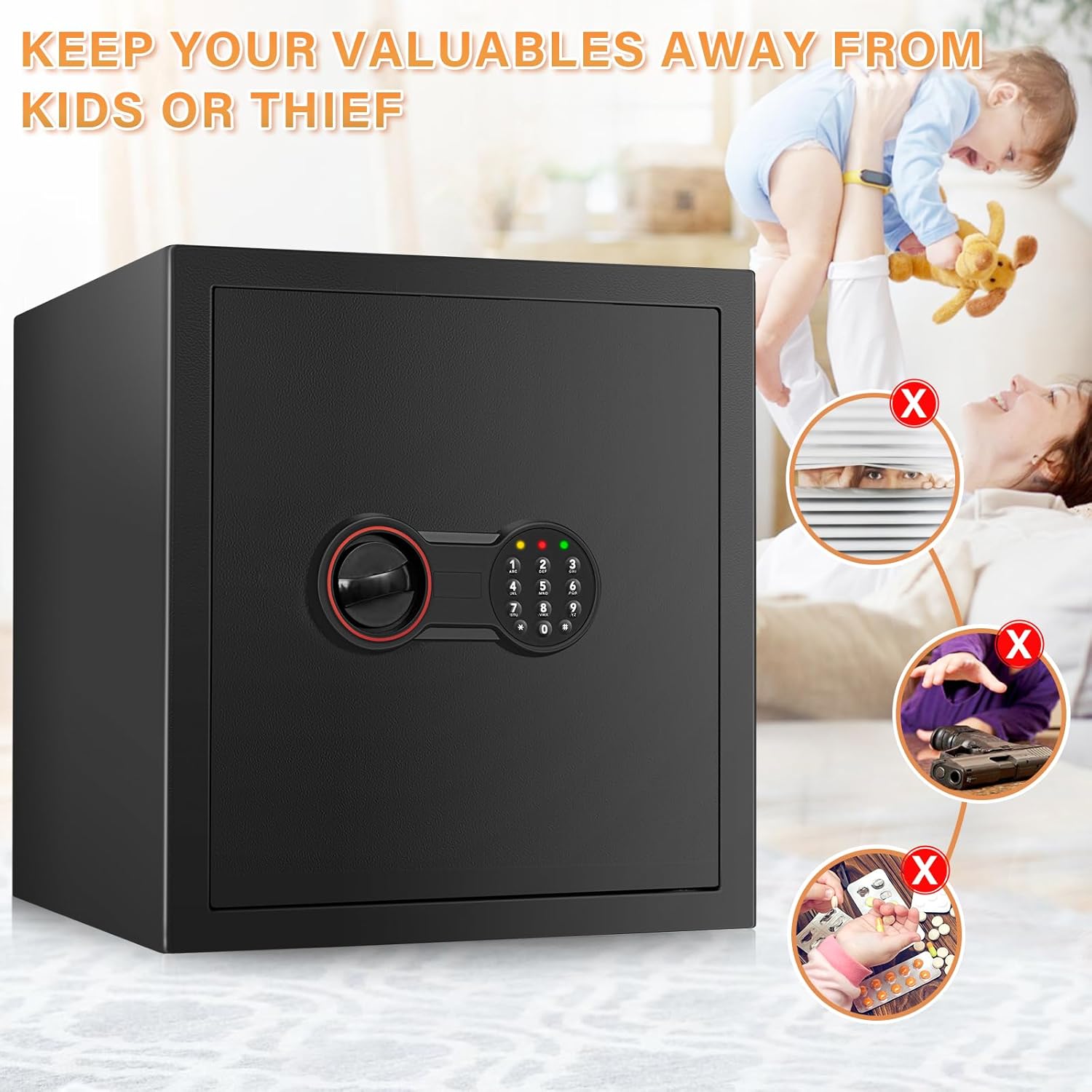 52L Großer Safe Tresor für Zuhause, Feuerfester Tresor mit Schlüssel, Sensor-Licht und Abnehmbares Regal, Heimsafeschrank Aufbewahrung von Geld, Dokumente, Medikamenten