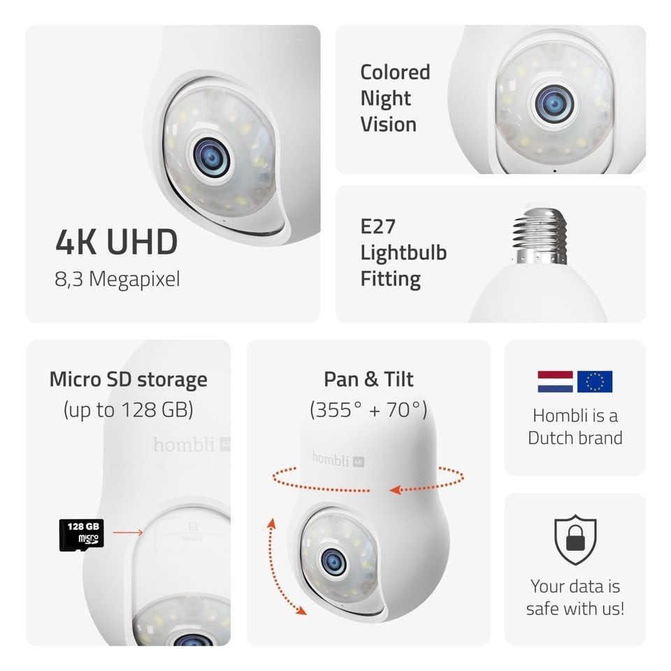 Hombli - 4K Smart Home Security Bundle: Hombli Pan & Tilt Cam + Hombli Bulb Cam
