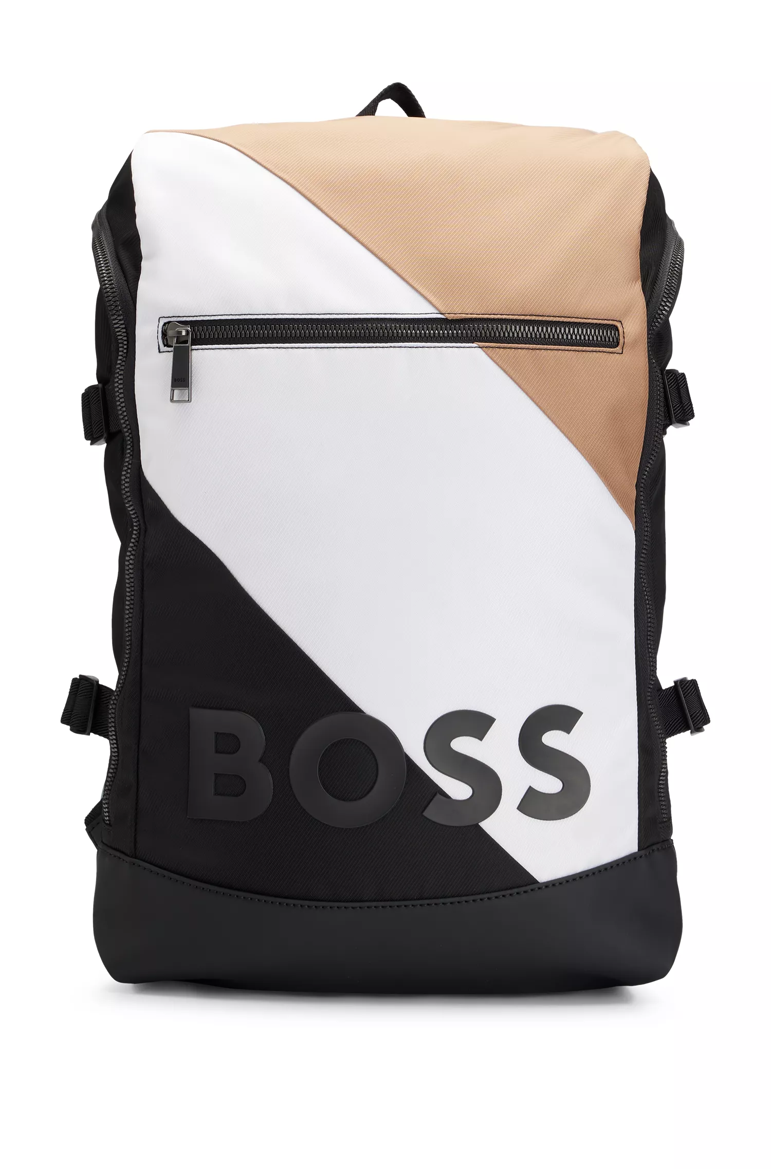 Mochila BOSS preta em material reciclado com listra e logotipo característicos.