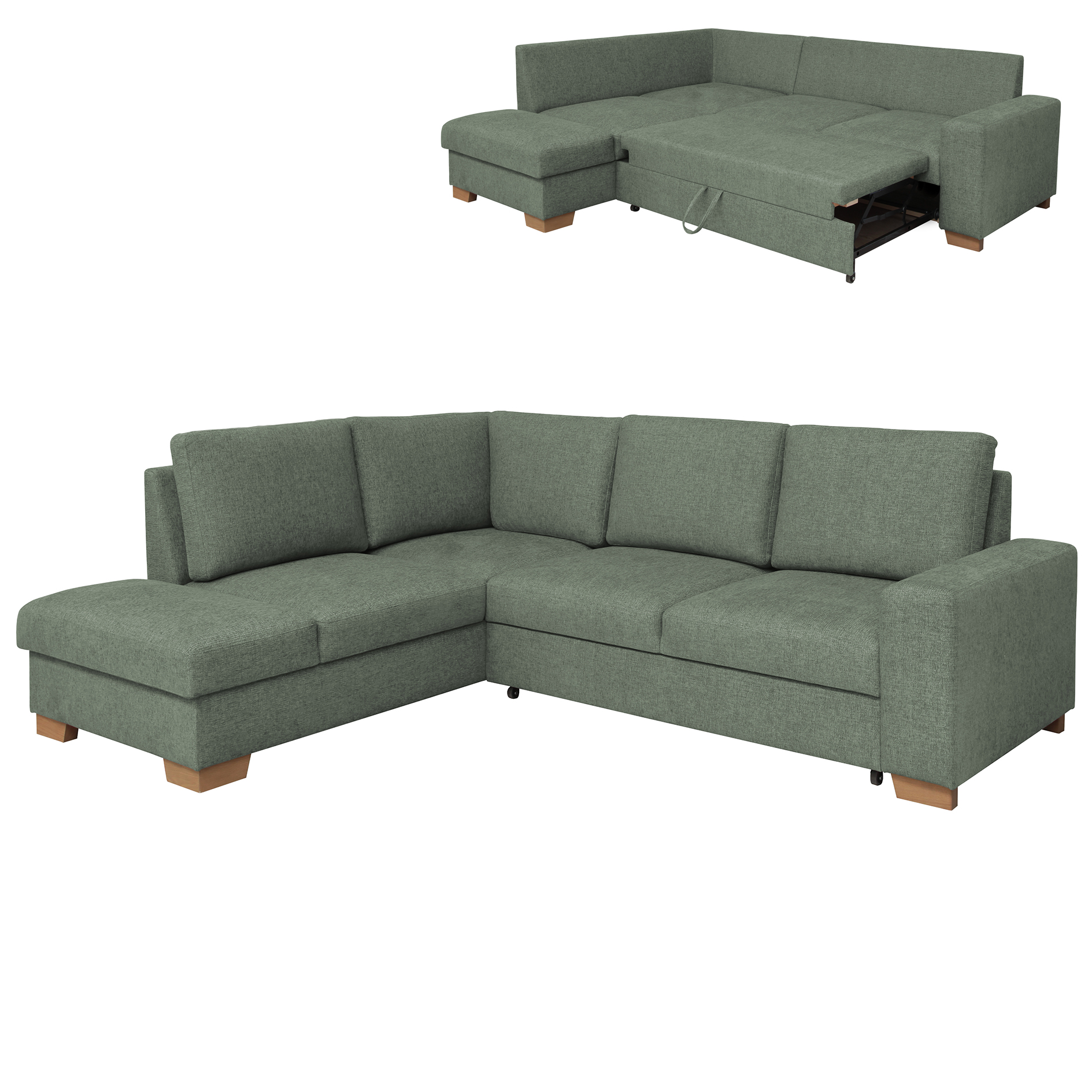 Ecksofa - olive - Liegefunktion - Staukasten - Ottomane links