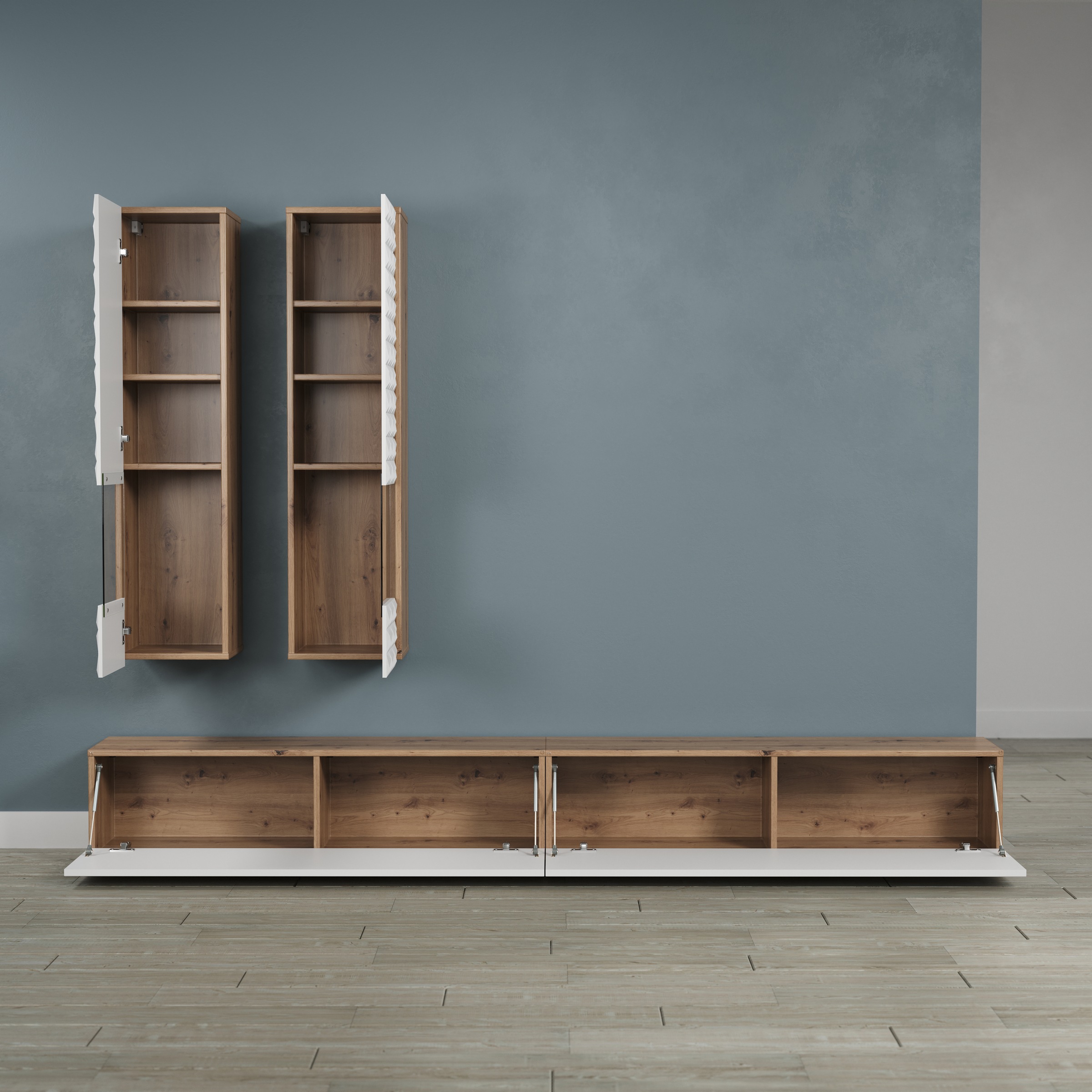 INOSIGN Wohnwand »Rezzo, 2 Hängevitrinen mit Relief-Front, 2 Lowboards je Br. 120 cm« Komplett-Set, 4 Stk. tlg.
