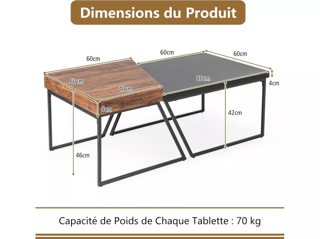 Lot de 2 tables basses gigognes avec cadre métal, patins rotatifs à 360°,120 x 60 x 46 cm