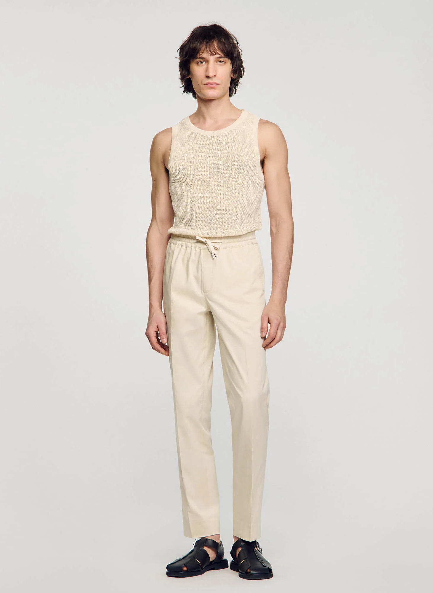 Pantalon chino avec cordon en coton mélangé| Beige