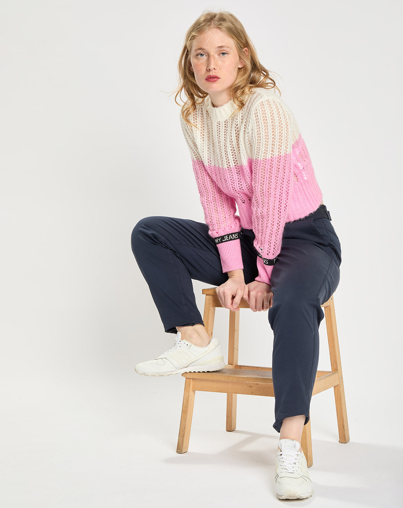 Tommy Jeans Pull en Laine mélangée lightweight stripe rose/blanc