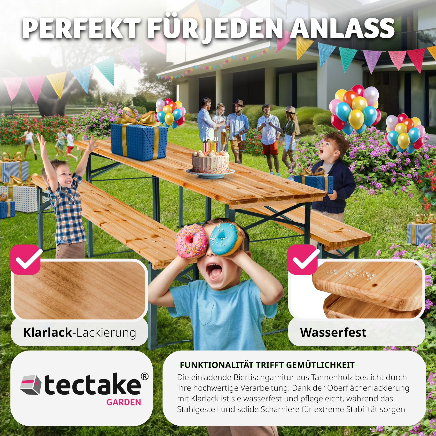 tectake® Bierzeltgarnitur, 3-teilig, belastbar, Holzlackierung mit Klarlack