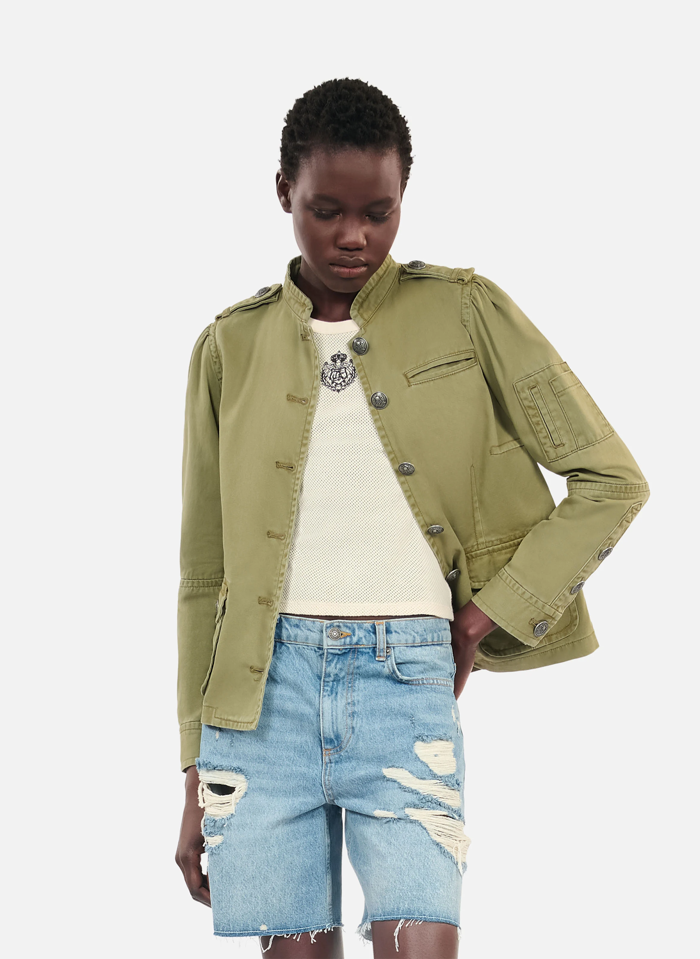 Blouson droit col officier en coton | Vert