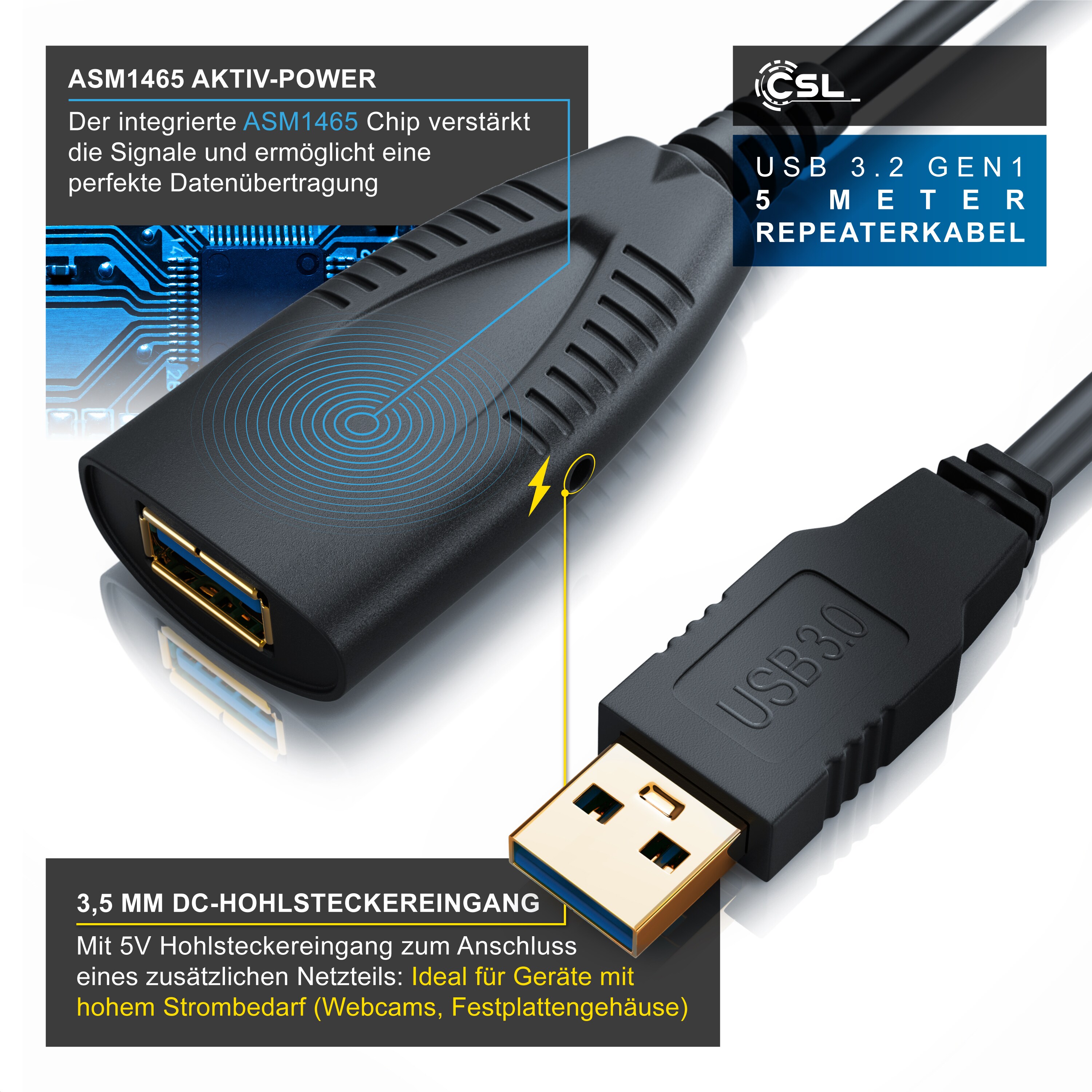 CSL USB 3.0 Typ A Verlängerungskabel, Aktives Repeater Kabel mit Signalverstärkung - 5m