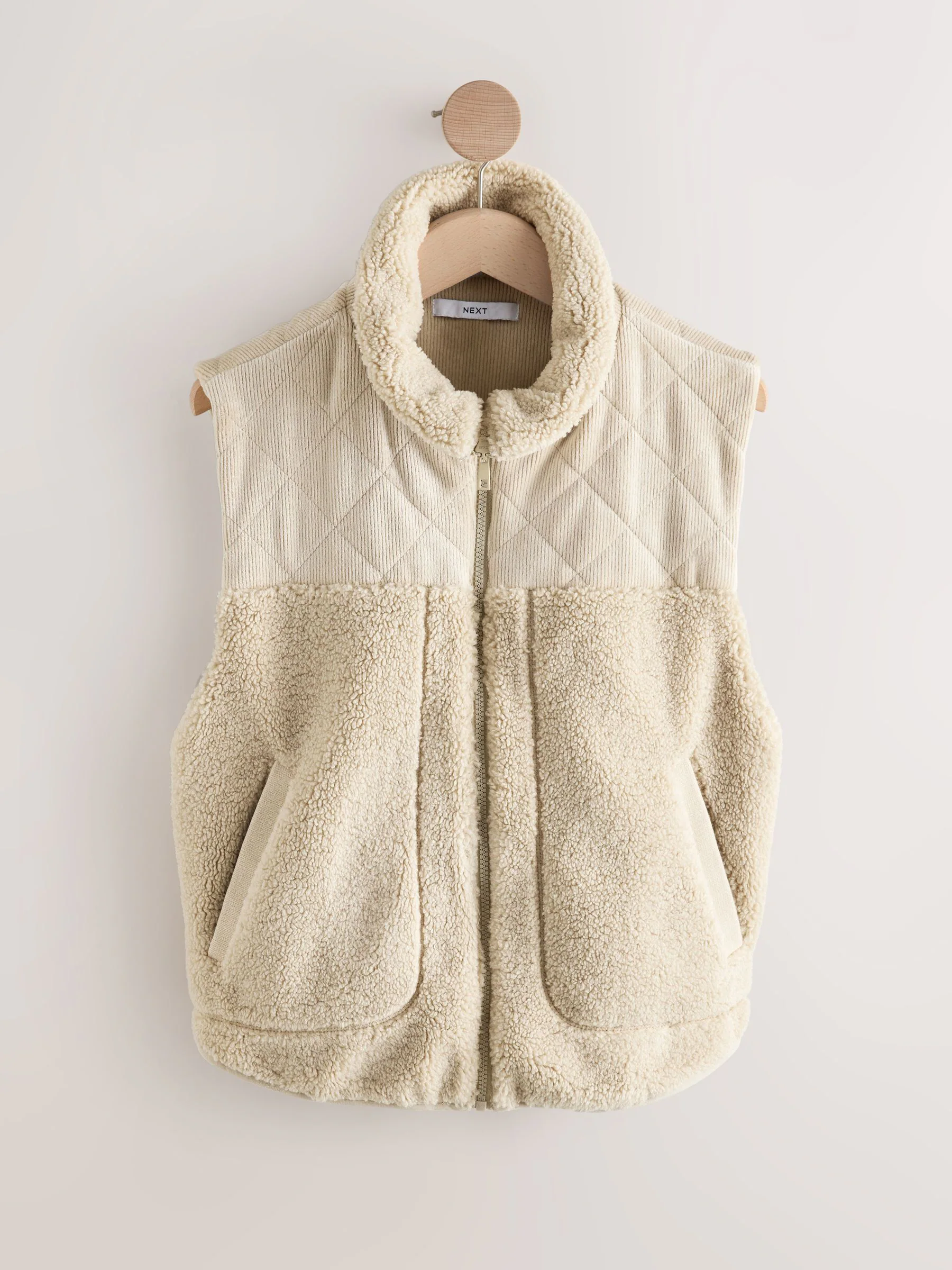 Ecru - Cord Borg Mix Zip Through Gilet