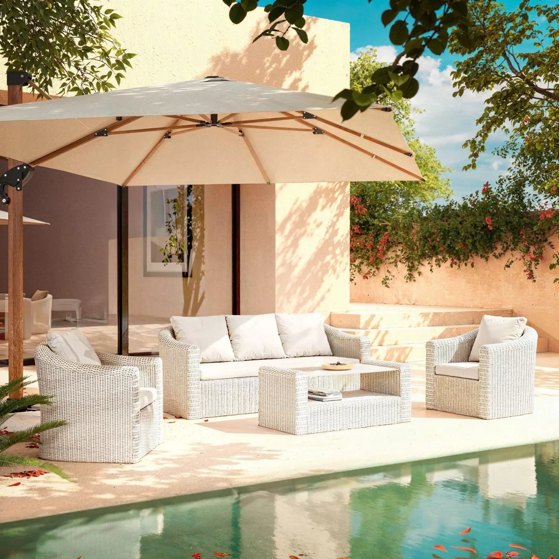 Salon de jardin en résine tressée 5 places 4 pcs Calvi Blanc