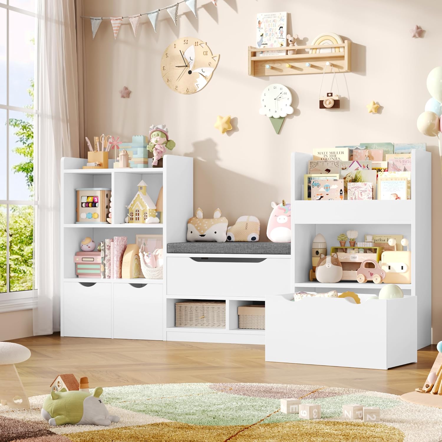 FOREHILL 183cm Breit Kinderregal mit Sitzbank, Kinderzimmer Möbel mit 3 Aufbewahrungsboxen für Spielzeug Bücherregal für Kinder mit 3 Ebenen, Regal für Kinderzimmer Leseecke 183,5x94,5x29,8 cm Weiß