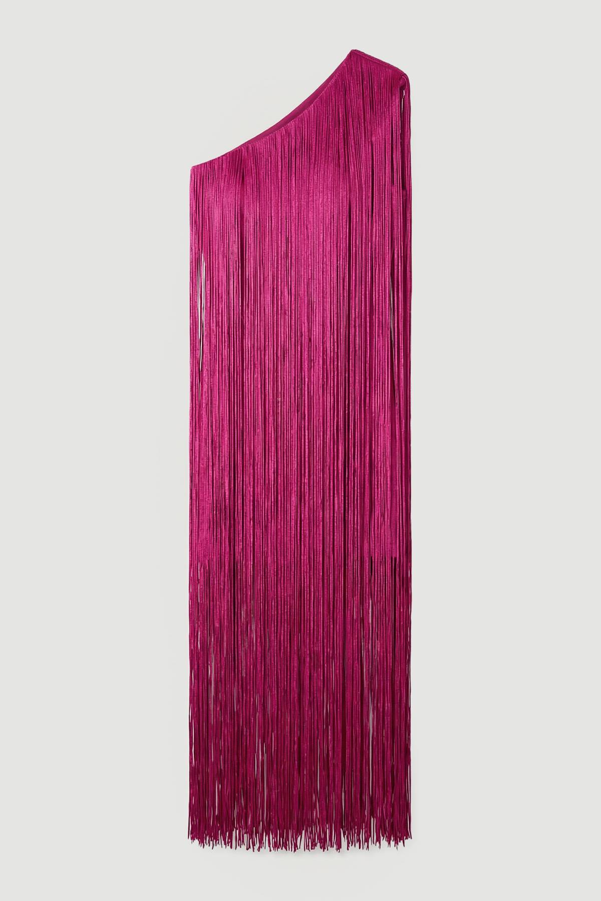 KarenMillen Robe Mini Moulante Bandage Une Épaule à Franges en Maille