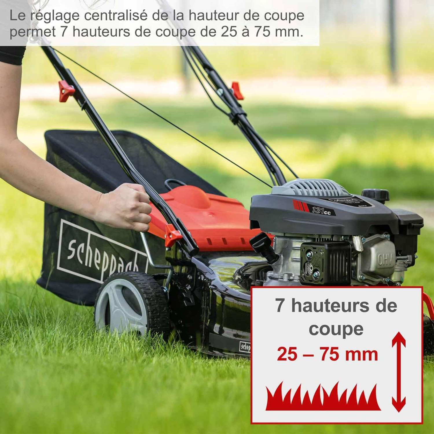Scheppach Tondeuse à Gazon Thermique MS132-42 |3,4 CV | Largeur de Coupe 42cm | Robuste | Fonction Mulching | Panier de 45L | Réglage de la Hauteur en 7 étapes (25-75mm)