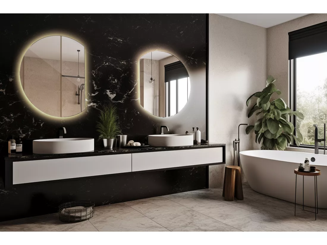 Miroir LED rond biseauté, miroir de salle de bain suspendu, lumineux - 90 cm - Lumière chaude