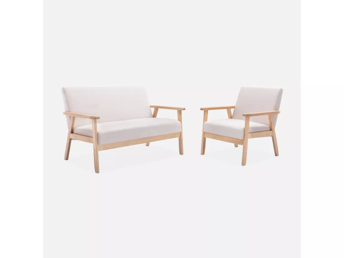 Banquette et fauteuil en bois et tissu crème. Isak. L 114 x l 69.5 x H 73cm