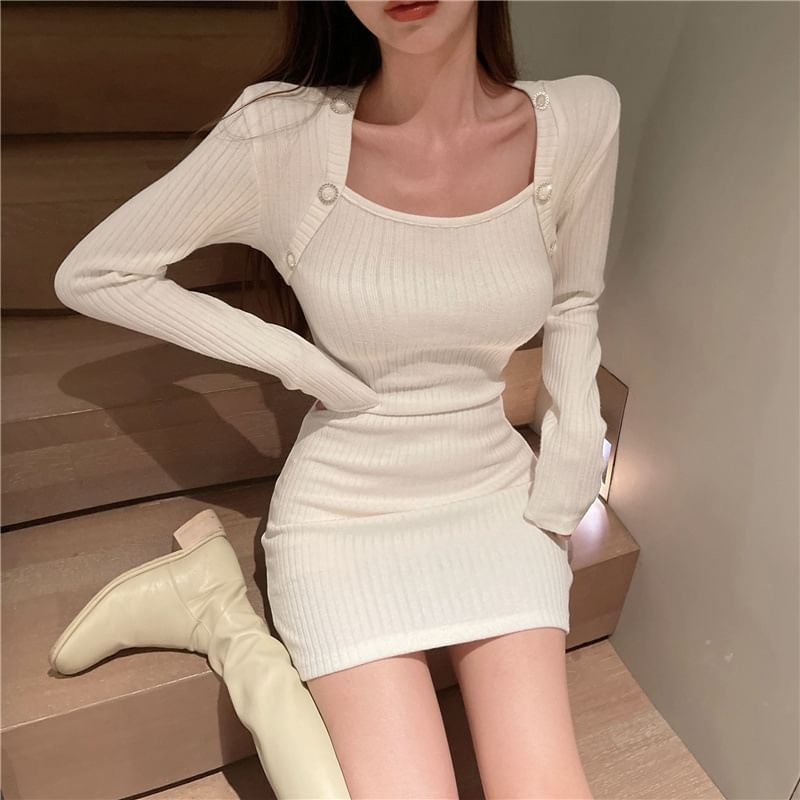 hollybunbur - Lange mouw Queen Anne-halslijn effen gebreide mini-bodyconjurk