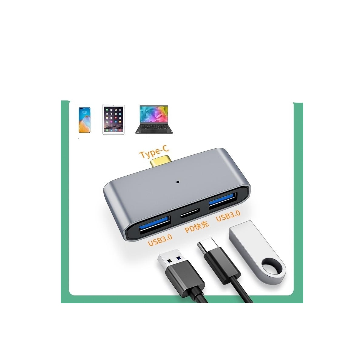 NÖRDIC 3-porters USB-C-hub 1xUSB-C PD 2xUSB-A 3x5Gbps