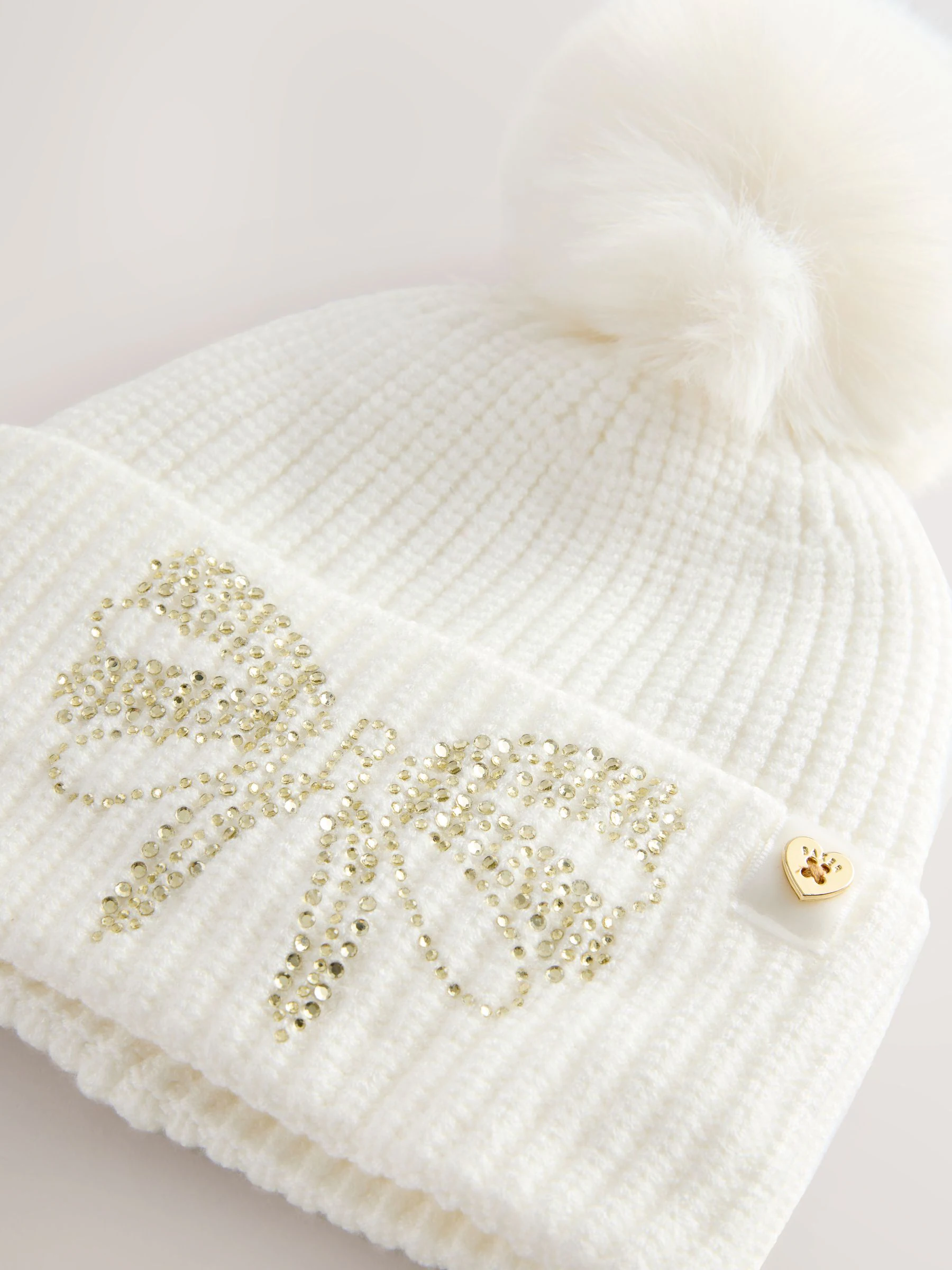 Crème - Baker by Ted Baker - Set van gebreide muts met strik, pompon en handschoenen met siersteentjes voor meisjes