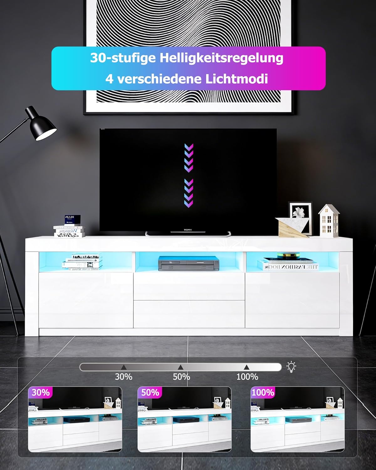 LED TV Schrank Modernes Hochglanz TV Board mit 2 Türen & 2 Schubladen Fernsehschrank für Wohnzimmer Schlafzimmer Möbel, Weiß, 160 x 35 x 60 cm