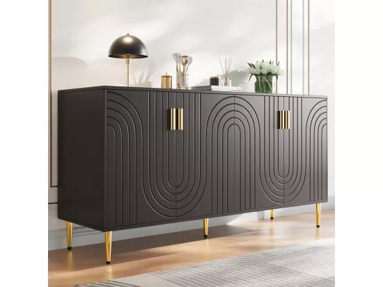 Buffet noir (152 x 40 x 75 cm), design unique en forme de vague, poignées et pieds dorés