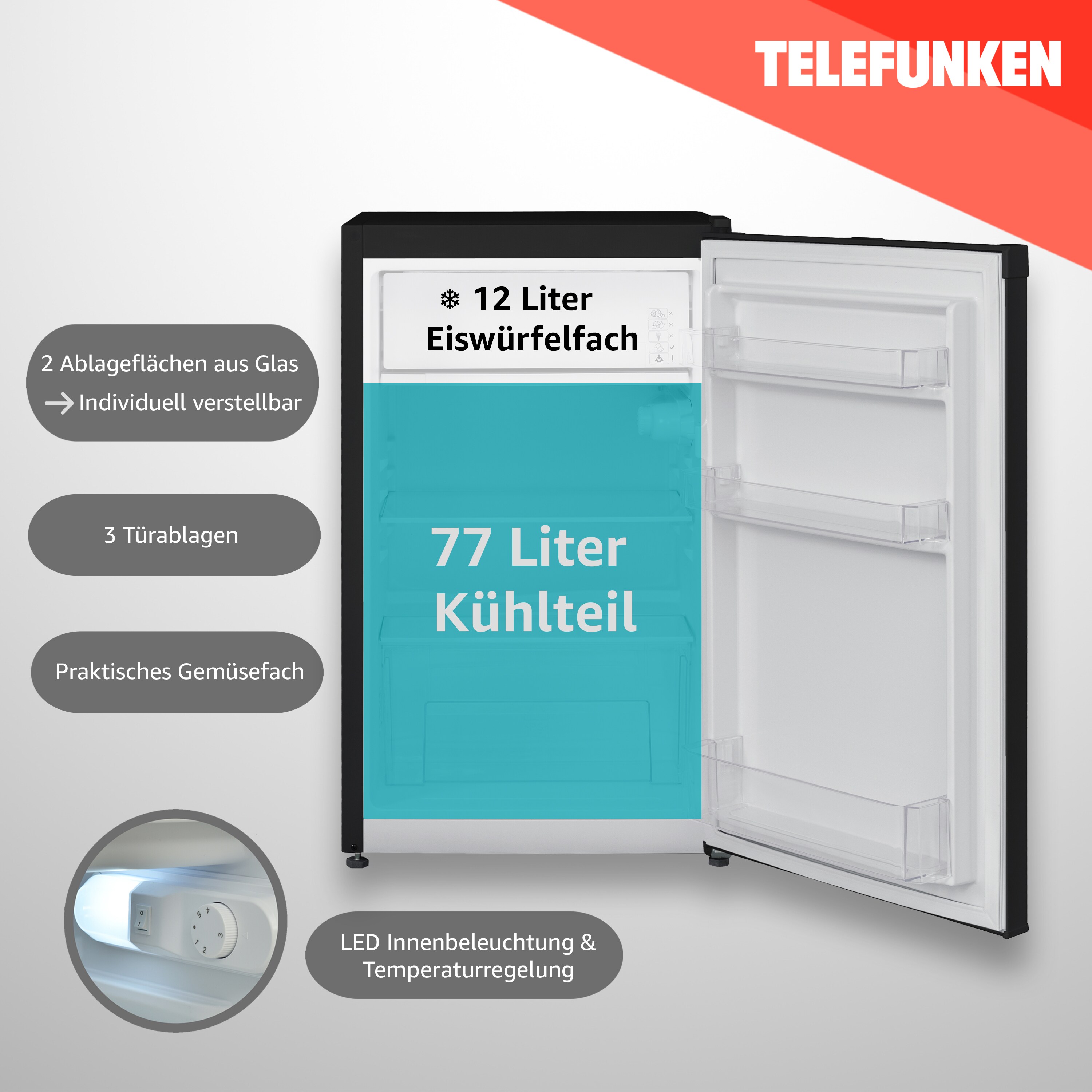 Telefunken CF-33-101-B2 Kühlschrank mit Eiswürfelfach | 89 Liter | LED-Beleuchtung | Mit Gemüsefach