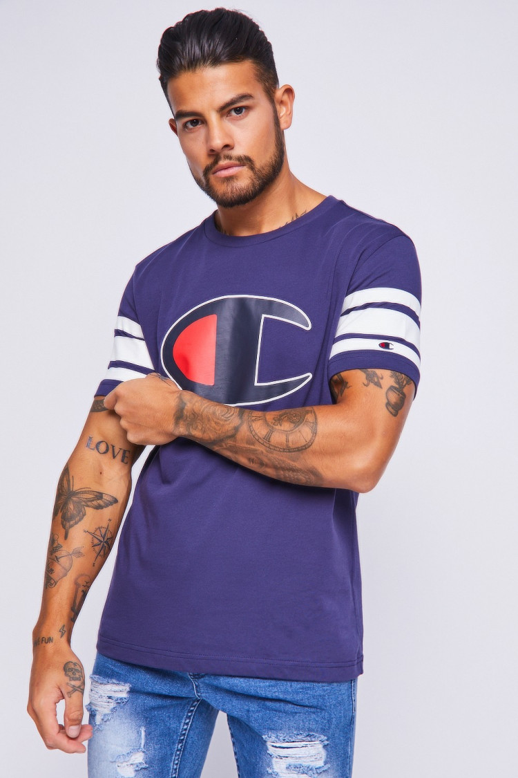 T-shirt Champion bleu à bandes blanches