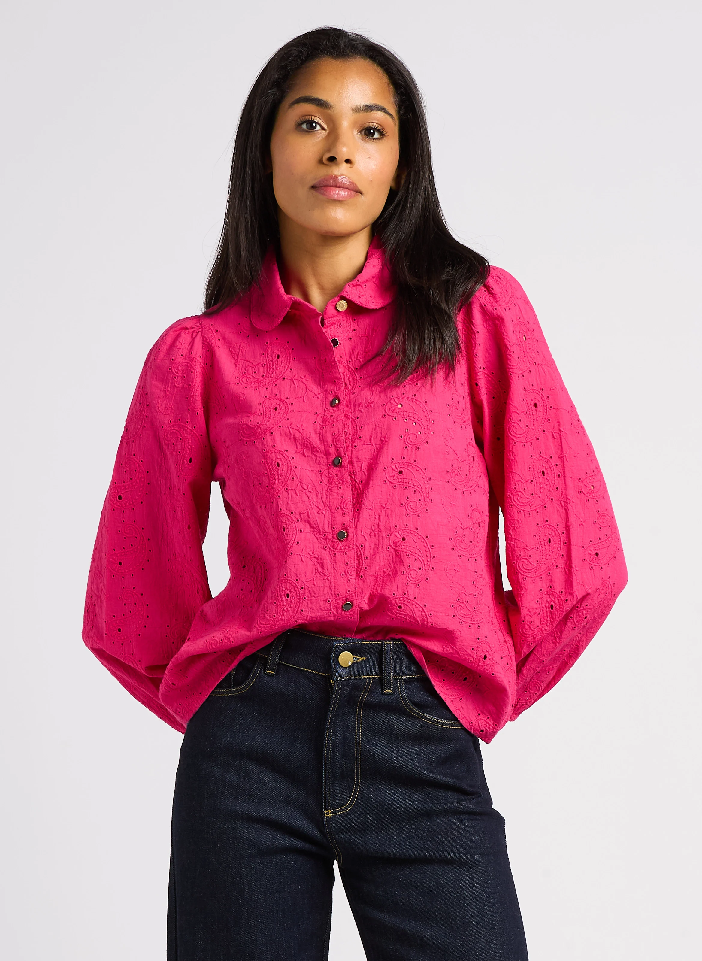 Chemise droite col claudine broderie anglaise en coton | Rose