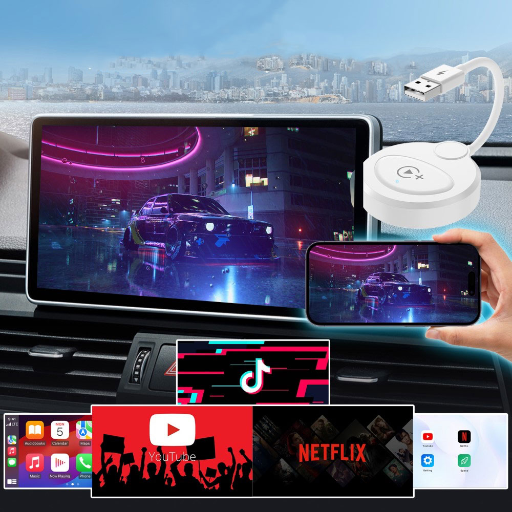 Apple Carplay Screen Mirroring / Videowiedergabe Auto KFZ USB A / USB C Adapter für Apple iOS mit Play & Pause Knopf (Kabelgebunden) - Schwarz