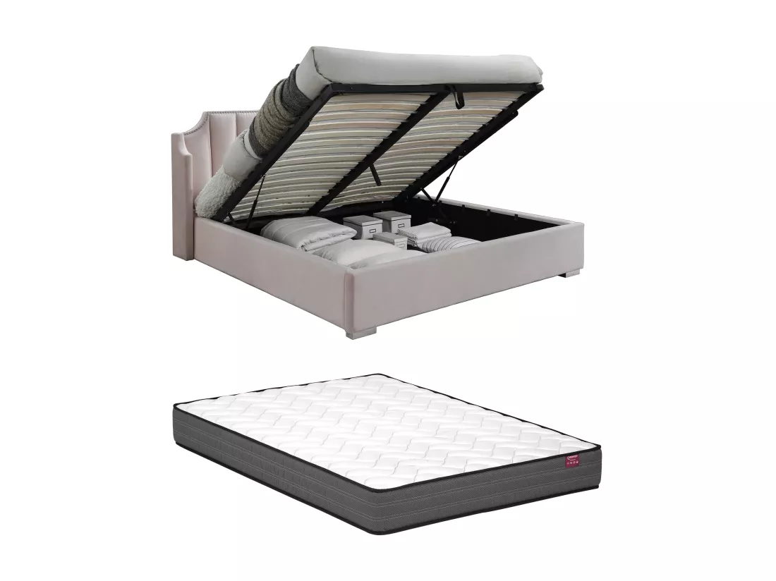 Lit coffre 160 x 200 cm avec tête de lit incurvée - Velours - Rose + Matelas - TEOMIS
