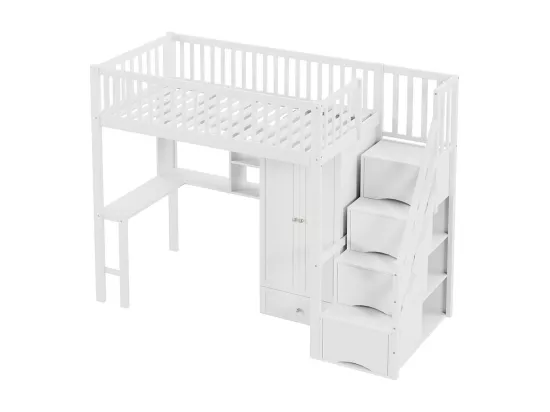 Lit mezzanine 90x200 avec grande armoire étagère et table espace de rangement escalier lit polyvalent blanc