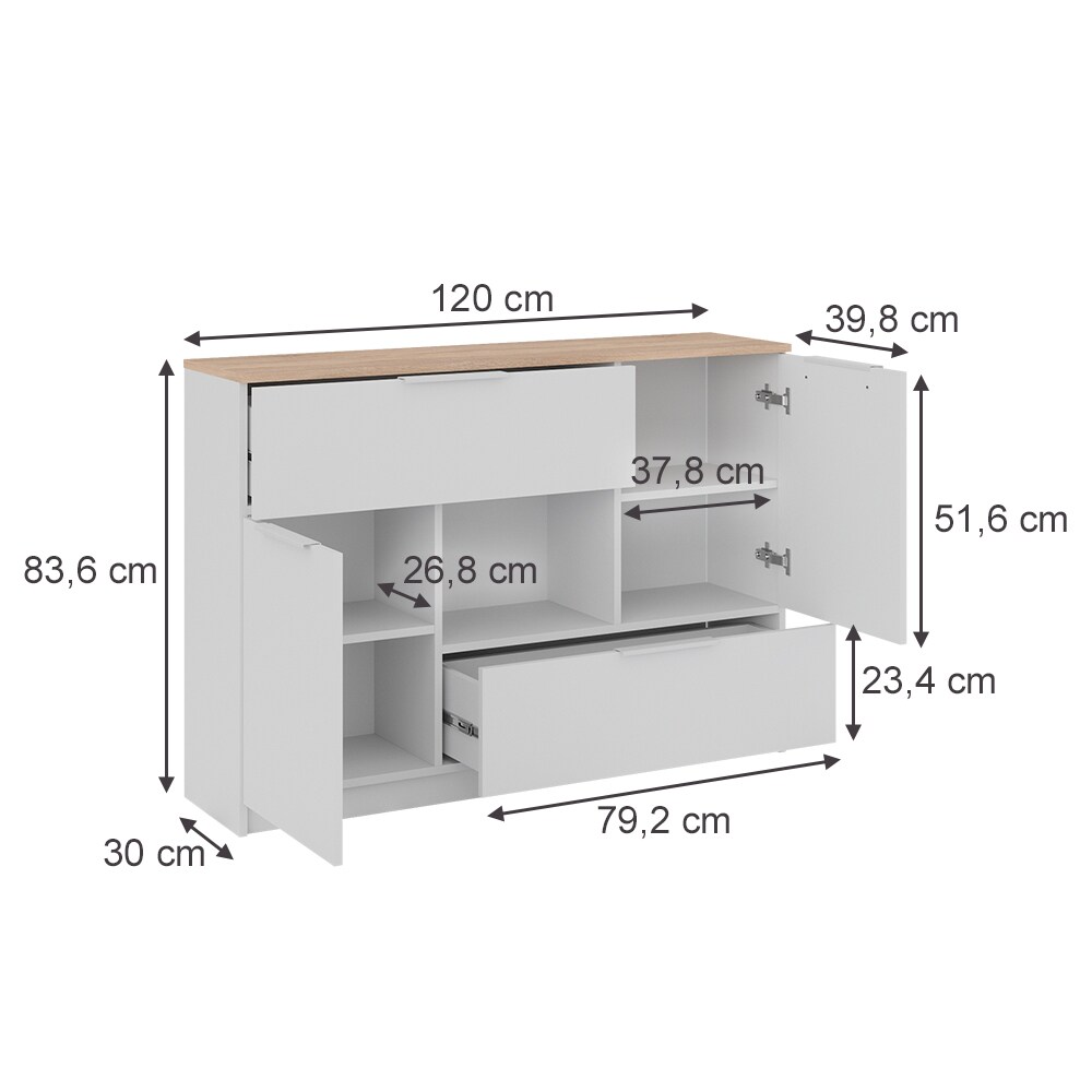 Vicco Sideboard Betti Weiß Sonoma 120 x 84 cm 2 Türen 2 Schubladen 1 Fach