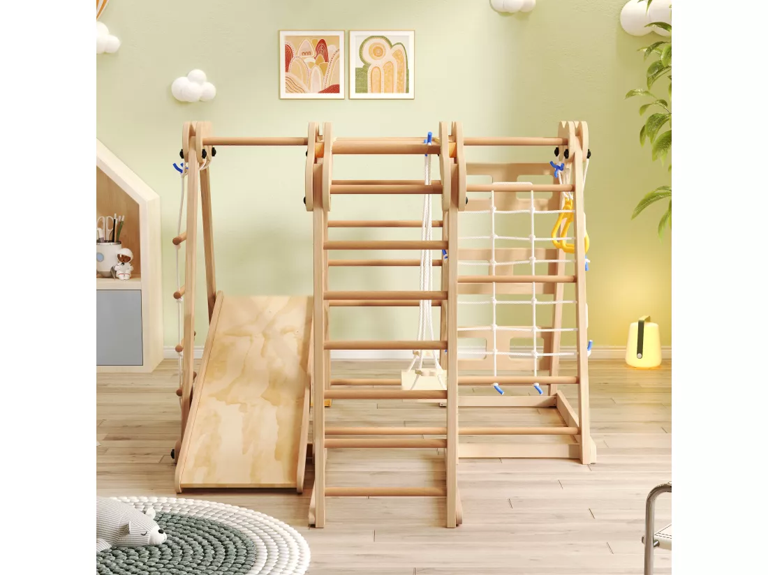 Aire de jeu 7 en 1 pour enfant - avec toboggan, barre d'escalade, balançoire, corde d'escalade, échelles en filet - couleur bois