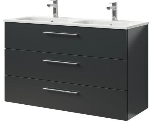 Pelipal Sunline 121 badkamermeubelset (B x H x D): 121 x 74 x 46 cm, antraciet fronten, met dubbele wastafel van mineraalgietwerk en badmeubel met 3 laden